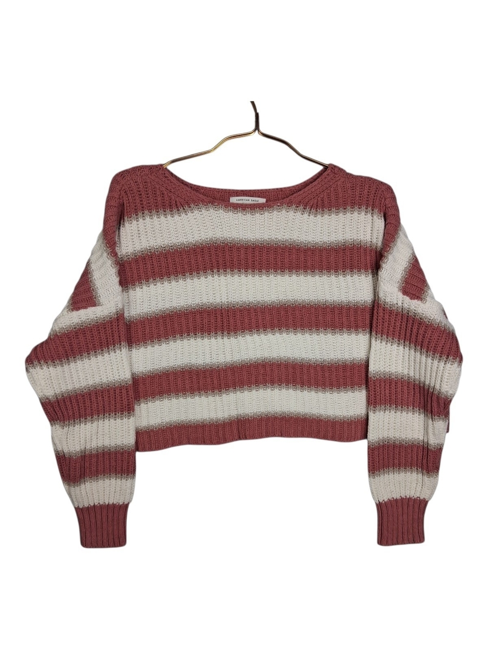 American Eagle Cropped Sweater Womens Medium M Pink White Striped Knit Pullover